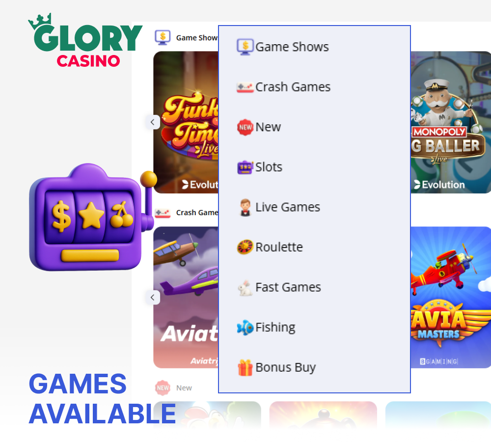 Available games on the Glory Casino website