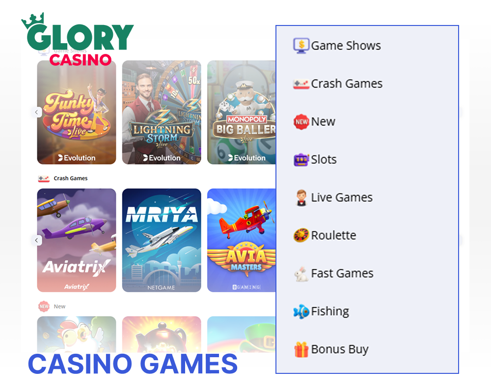 Glory Casino offers a wide selection of games
