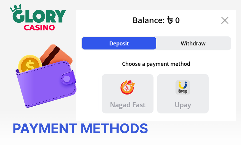A list of available payment methods at Glory Casino