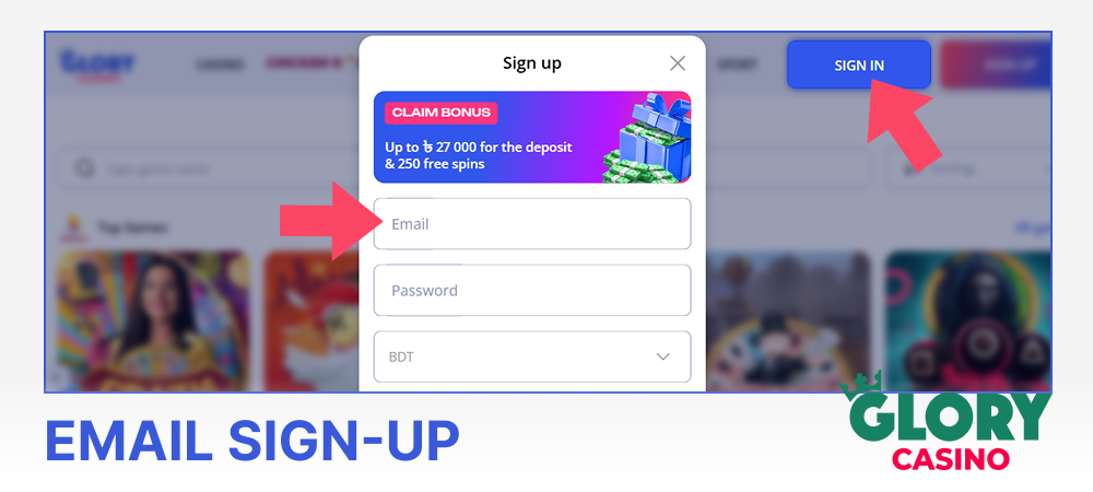 Email sign-up at Glory Casino