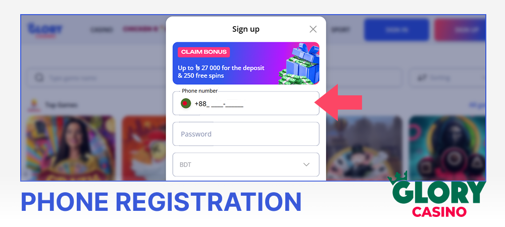 Phone registration at Glory Casino