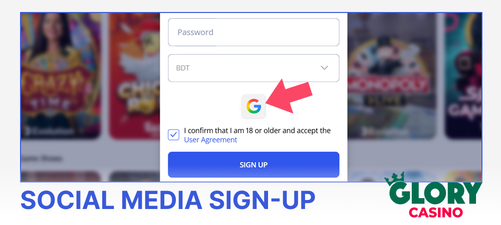 Social media registration at Glory Casino
