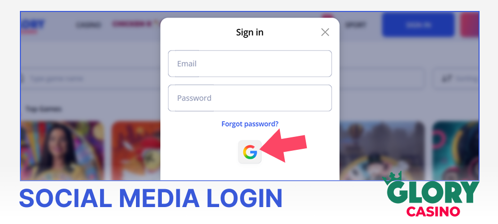Social media login at Glory Casino