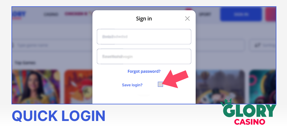 Quick login at Glory Casino
